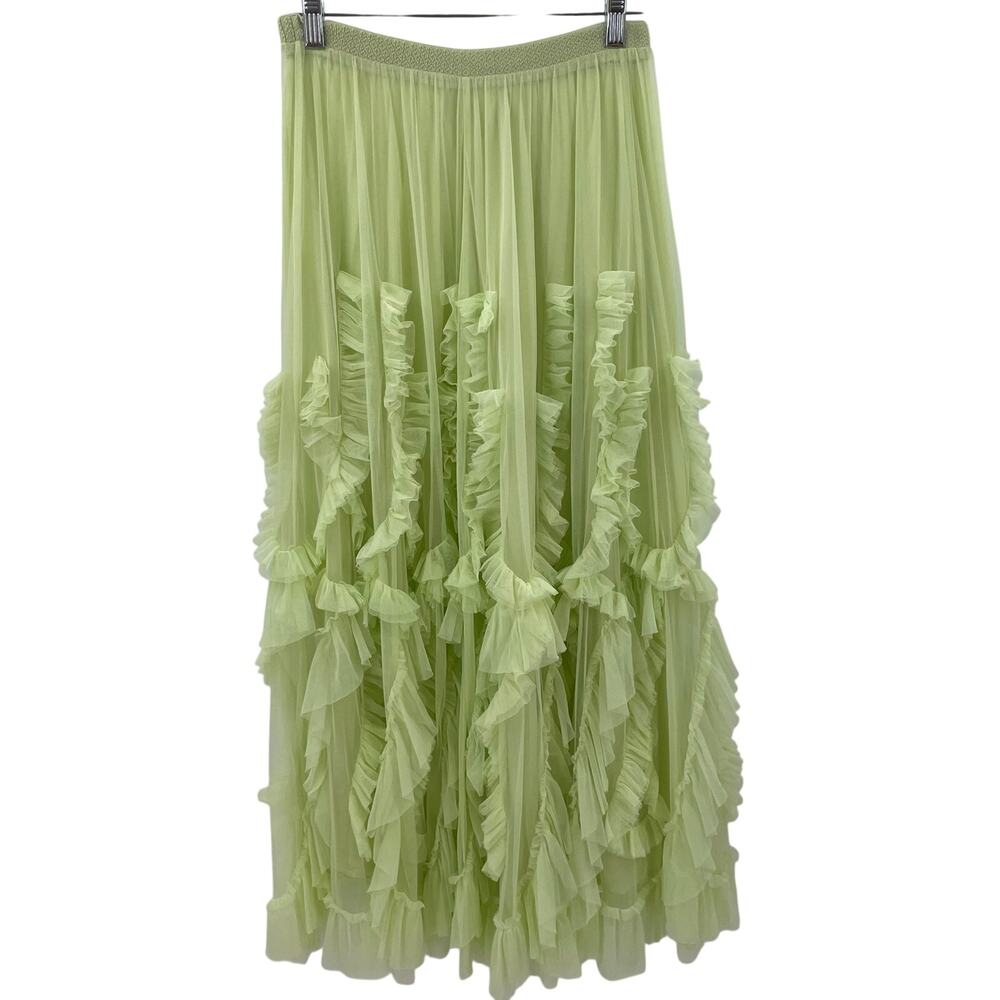 By Anthropologie Ruffled Tulle Skirt Green Midi Maxi XXS - Picture 12 of 12